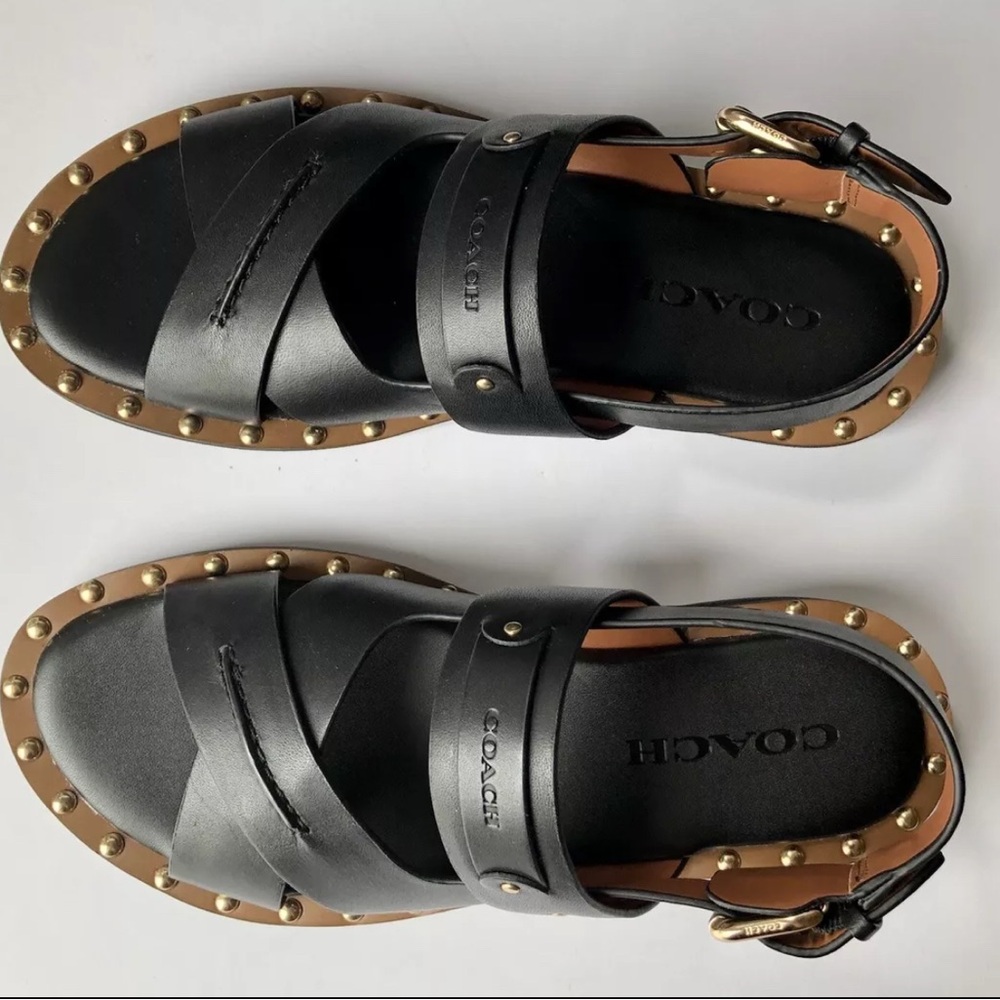 Coach Black Leather Studded Cross-Strap Sandals New Size 9 - Picture 2 of 6